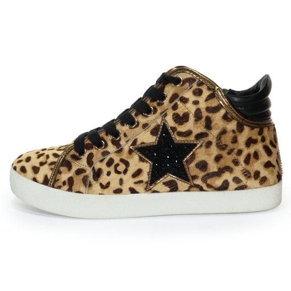 Steve Madden Women's Savior Fashion Sneaker Leopard Print Calf Hair Bling Star 7 - Picture 1 of 10